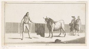Matador utfordrer en okse Coleccion de las principales suertes de una corrida de toros (serietittel på objekt) Samling av de viktigste tyrefektingsmanøvrene (serietittel) av Anonymous