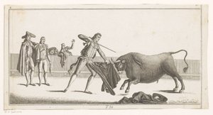 Matador utfordrer en okse Coleccion de las principales suertes de una corrida de toros (serietittel på objekt) Samling av de viktigste tyrefektingsmanøvrene (serietittel) av Anonymous