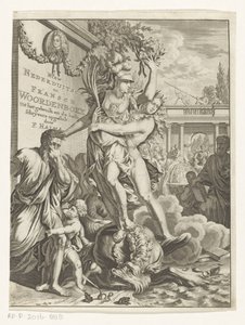 Minerva tramper ildpustende sjømonster Ny lavtysk og fransk ordbok (tittel på objekt) Tittelside for: François Halma, Dictionary of Dutch and French Languages, 1710 av Anonymous