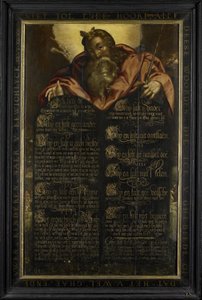 Moses viser lovens tabeller med de ti bud i kalligrafi av Anonymous