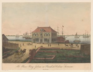 Nieuwe Waag ved vannkanten i Paramaribo Nieuwe Waag-bygningen og Bank der Colonie Surinam (tittel på objekt) av Anonymous