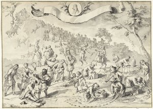 Designtegning for trykket Greed prøver å overta Fortuna, 1720 The Great Scene of Folly (serietittel) av Anonymous