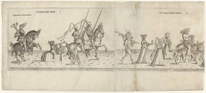 Parade med utkledde karakterer, inkludert rytter Bernhart von Ahren, et esel med spytt, Janus, Bacchus på et esel og to musikere Die neunde del I og II (tittel på objekt) Festlig prosesjon med August, kurfyrsten av Sachsen, kledd som en bonde ( av Anonymous