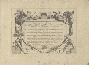 Ornamenteel cartouche met oprehde aan de schilder Francesco Crescenzi Equile, der alle slags adelsmenn: oppførselen til hester valgt fra forskjellige deler av verden insignier (...) (serietittel på objekt) av Anonymous