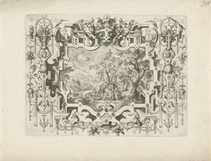 Ornament Ramme med rulleverk og figurer, i hvilket landskap med den barmhjertige samaritan av Anonymous