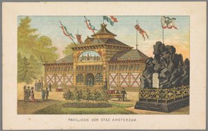 Paviljongen til Amsterdam by på verdensutstillingen i Amsterdam, 1883 Paviljongen til Amsterdam (tittel på objekt) Minne om Amsterdam i 1883 (serietittel på objekt) av Anonymous