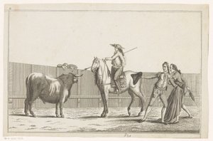 Picador retter lansen mot en okse Coleccion de las principales suertes de una corrida de toros (serietittel på objekt) Samling av de viktigste tyrefektingsmanøvrene (serietittel) av Anonymous
