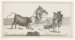 Picador stikker lansen i en okse Coleccion de las principales suertes de una corrida de toros (serietittel på objekt) Samling av de viktigste manøvrene i tyrefekting (serietittel) av Anonymous