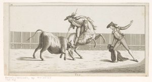 Picador stikker lansen i en okse Coleccion de las principales suertes de una corrida de toros (serietittel på objekt) Samling av de viktigste manøvrene i tyrefekting (serietittel) av Anonymous