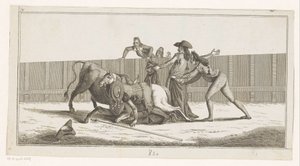 Picador van zijn paard gevallen Coleccion de las principales suertes de una corrida de toros (series title on object) Verzameling van de belangrijkste manoeuvres bij het stierenvechten (series title)   1340942   no       norwegian Successfully Translated   av Anonymous