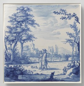 Plate malt med landskap med figurer av Anonymous