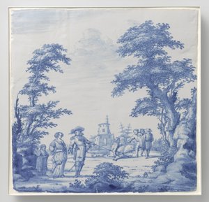 Plate malt med landskap med figurer av Anonymous