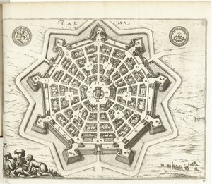 Plattegrunn av Palmanova, 1726 Palma (tittel på objekt) The Forces of Europe, Asia, Africa and America (...) Som også Kartene over kysten av Frankrike og Spania (serietittel på objekt) av Anonymous