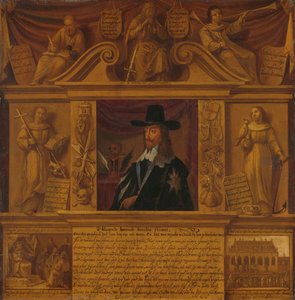 Portrett av Charles I, konge av England, i en ramme med allegoriske figurer og historiske representasjoner av Anonymous