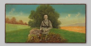 Portrett av en ukjent soldat i et malt landskap av Anonymous