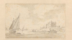 Elvelandskap med slott (Loevestein?) av Anonymous