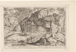 Rotsachtig landskap med tak på palen og rett leeuw Langt borte fra verden, skjermet under et stråtak, / Det beste stedet å trives er, en sylvisk meditasjon (tittel på objekt) Landschappen naar Domenico Campagnola (serietittel) av Anonymous