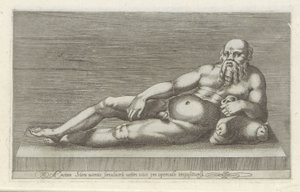 Sculptuur van Silenus Aeneas Silenus liggende statue av et gammelt kar plassert som et lokk (tittel på objekt) Antike sculpturen in Roma (serietittel) Ikoner av gamle statuer av byen Roma som er sett på offentlige steder (serietittel) av Anonymous