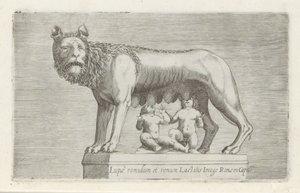Sculptuur van de Lupa Capitolina die de tweeling Romulus en Remus zoogt Romulus og Remus ammer ulvebildet av Roma i Capito (tittel på objekt) Antikke skulpturer i Roma (serietittel) Av de gamle statuene av byen Roma som er å se på offentlige steder ic av Anonymous