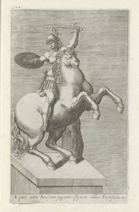Sculptuur van een Romainse soldaat te paard Equites mot Amos (...) (tittel på objekt) Antikke skulpturer i Roma (serietittel) Ikoner av de gamle statuene av byen Roma som er sett på offentlige steder (serietittel) av Anonymous