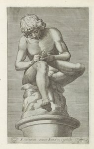 Skulptur av en jongen med en dør i foten Ryggmarg Bronse simulacrum av Roma i hovedstaden (tittel på objekt) Antikke skulpturer i Roma (serietittel) Ikoner av de gamle statuene av byen Roma som er sett på offentlige steder (serietittel) av Anonymous