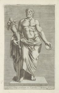 Sculptuur van en man met een hoorn des overvloeds Geny simulacrum in the Capitol (tittel på objekt) Antike sculpturen in Roma (serietittel) Ikoner av gamle statuer av byen Roma som er sett på offentlige steder (serietittel) av Anonymous