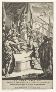 Soldat presenterer bok til kongen Tittelside for: Matthias Martinius, Lexicon philologicum praecipuae etymologicum, 1697 av Anonymous