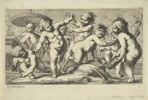 Putti leker ved en fontene Spiller putti (serietittel) av Anonymous