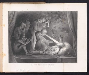 Tegneserie i Leiden studentalmanakk, 1844 Kveld før eksamen (tittel på objekt) av Anonymous
