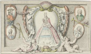 Stående kvinne, to putti og fire medaljonger Moter 1730 Mercure de France (serietittel) av Anonymous