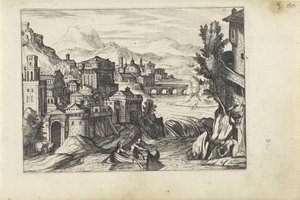 By ved en elv Landskap med figurer (serietittel) av Anonymous