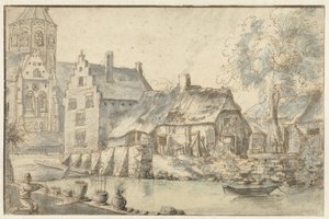 Bybilde med en stor kirke av Anonymous