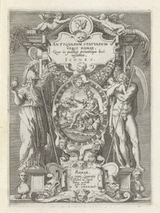 Titelprent møtte Roma, Minerva og Saturnus Antikke skulpturer i Roma (serietittel) Ikoner av de gamle statuene av byen Roma som er sett på offentlige steder (serietittel på objekt) av Anonymous