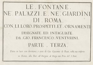 Titteltrykk med innrammet tittel Le fontane ne palazzi e ne giardini di Roma (serietittel) Fontener i palassene og hagene i Roma (serietittel) av Anonymous