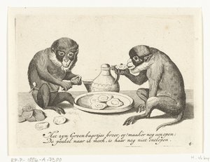 To aper spiser østers Ulike selskaper av menneskeliv presentert av aper (serietittel) Hva er det som ser meg i denne verden? / Det er Aape-spill, og ikke ellers (serietittel) av Anonymous