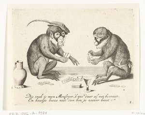 Twee apen kaarten Verschillende bedrijven uit het menselijke leven door apen voorgesteld (series title) Wat is 