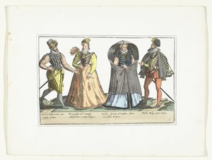 To menn og to kvinner kledde seg etter moten i Nederland, ca. 1580 Costumes civils des Pays-Bas (tittel på objekt) av Anonymous