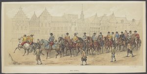 Utrecht maskerade, plate a: adelen, 1856 Adelen. (tittel på objekt) Grunnleggerne av nederlandsk frihet, (tid til William I) presentert av H.H. medlemmer av Utrecht studentkorps, i feiringen av 220-årsjubileet for Utrechtsche Hooge av Anonymous