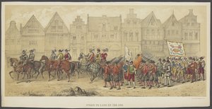 Utrecht Masquerade, plate b: kamp på land og til sjøs, 1856 Kamp på land og sjø (tittel på objekt) Grunnleggerne av nederlandsk frihet, (tid til William I) presentert av H.H. medlemmer av Utrecht studentkorps, for å feire de 220 av Anonymous