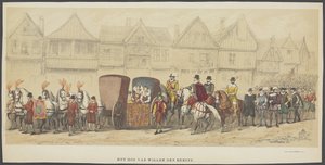 Utrecht maskerade, plate e: retten, 1856 Court of William the First (tittel på objekt) Grunnleggerne av nederlandsk frihet, (tid til William I) presentert av H.H. medlemmer av Utrecht studentkorps, i feiringen av 220-årsjubileet av Anonymous