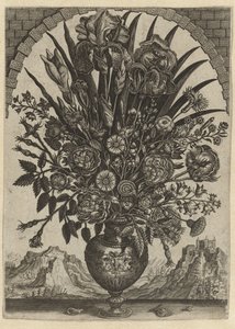 Vase med blomster i et buet vindu av Anonymous