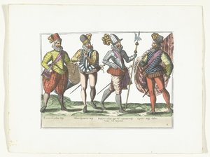 Fire spanske soldater i uniform, ca. 1580 Kostymer militære Espagnols (tittel på objekt) av Anonymous