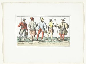 Fire bønder kledd etter dagens mote og en etter gammel mote, ca. 1580 Modes rustiques (tittel på objekt) av Anonymous