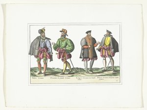 Fire menn kledd i tysk mote, ca. 1580 Kostymer Allemands (tittel på objekt) av Anonymous