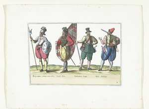 Fire soldater i uniformer etter mote i Nederland og England, ca 1580 Costumes Militaires des Pays-Bas (tittel på objekt) av Anonymous