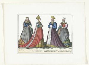 Fire kvinner kledd etter tysk mote i Nürnberg, ca. 1580 Costumes Allemands (tittel på objekt) av Anonymous