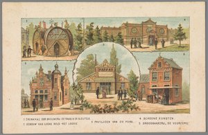 Fem paviljonger på verdensutstillingen i Amsterdam, 1883 1 Drikkehall til De Haan & De Sleutels bryggeriet. 2 Lucas Bols