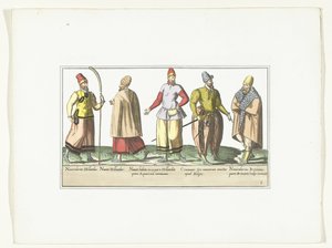 Fem sjømenn kledd i mote fra Nederland og Bretagne, ca. 1580 Kostymer marins (tittel på objekt) av Anonymous