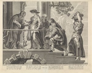 Besøk Maria reiste seg og gikk raskt opp i fjellet til byen Juda, og gikk inn i Sakarias hus og hilste på Elisabet (tittel på objektet) Royal Bijbel (serietittel) av Anonymous
