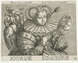 Kvinne med speil og narr: tegneserie på den dyrebare stive ruffen, ca. 1600 av Anonymous